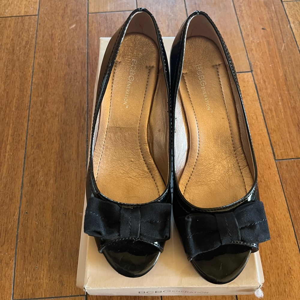 BCBG Black Patent Peep Toe Wedge Pump